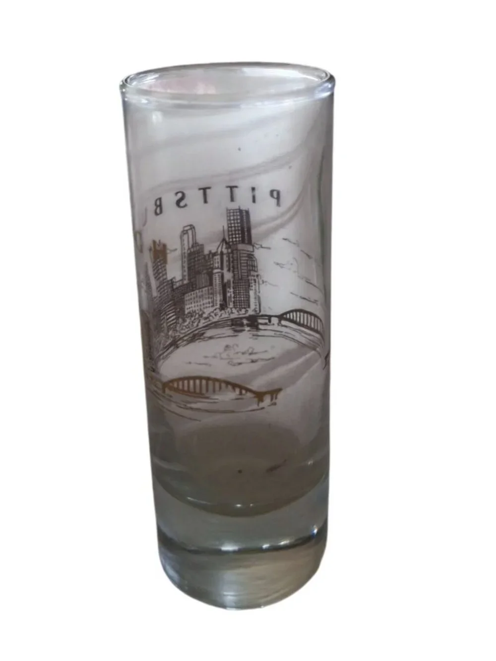 Vintage Pittsburgh Skyline Shot Glass Gold Trim 4